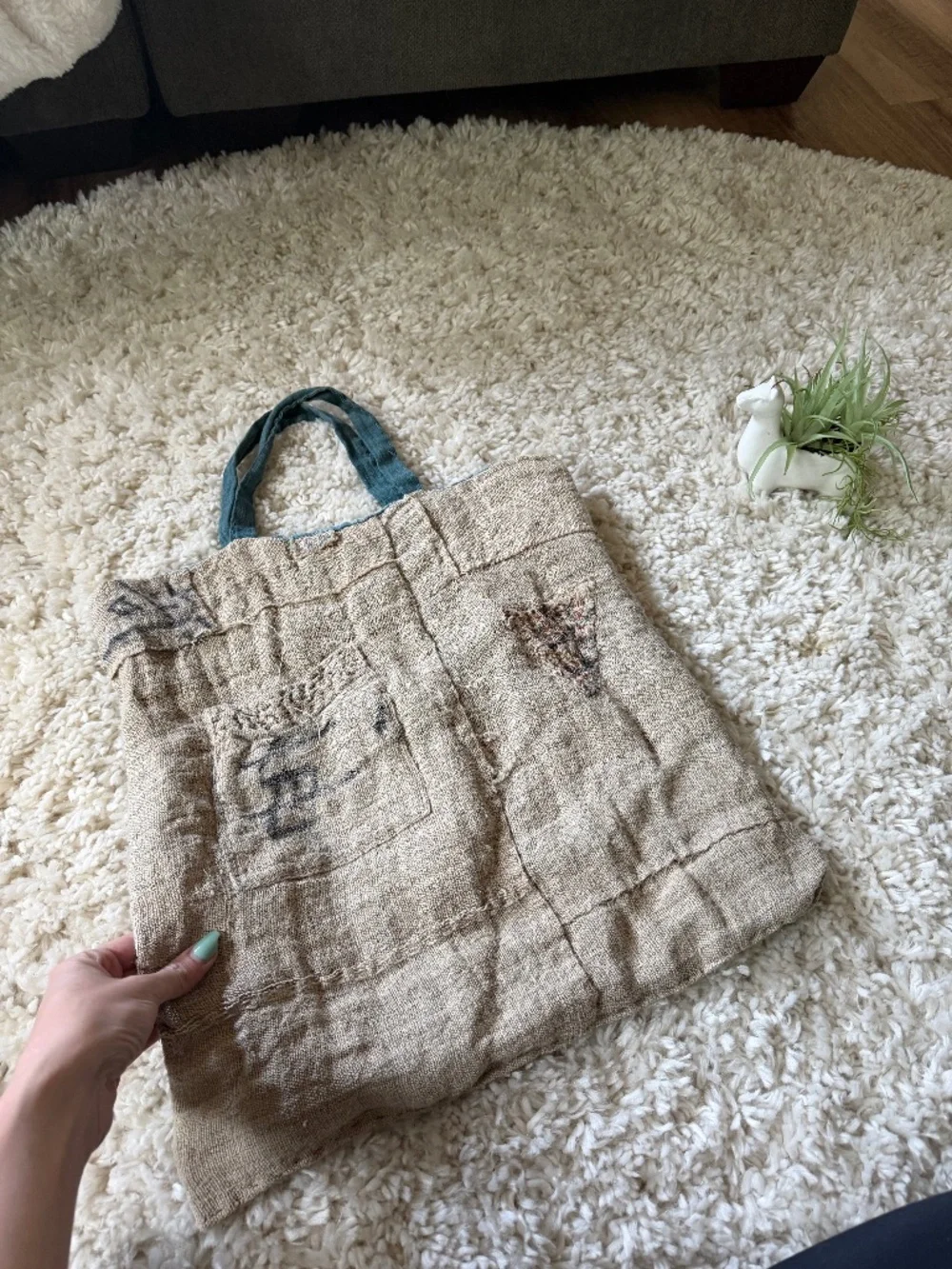 Casual Natural Beige Burlap Tote with Teal Handles trending potato vintage bag b